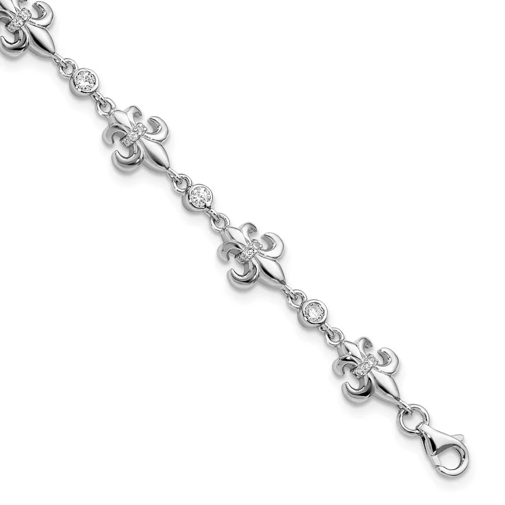 Sterling Silver Rhodium-plated CZ Fleur de Lis w/ 1in ext. Bracelet