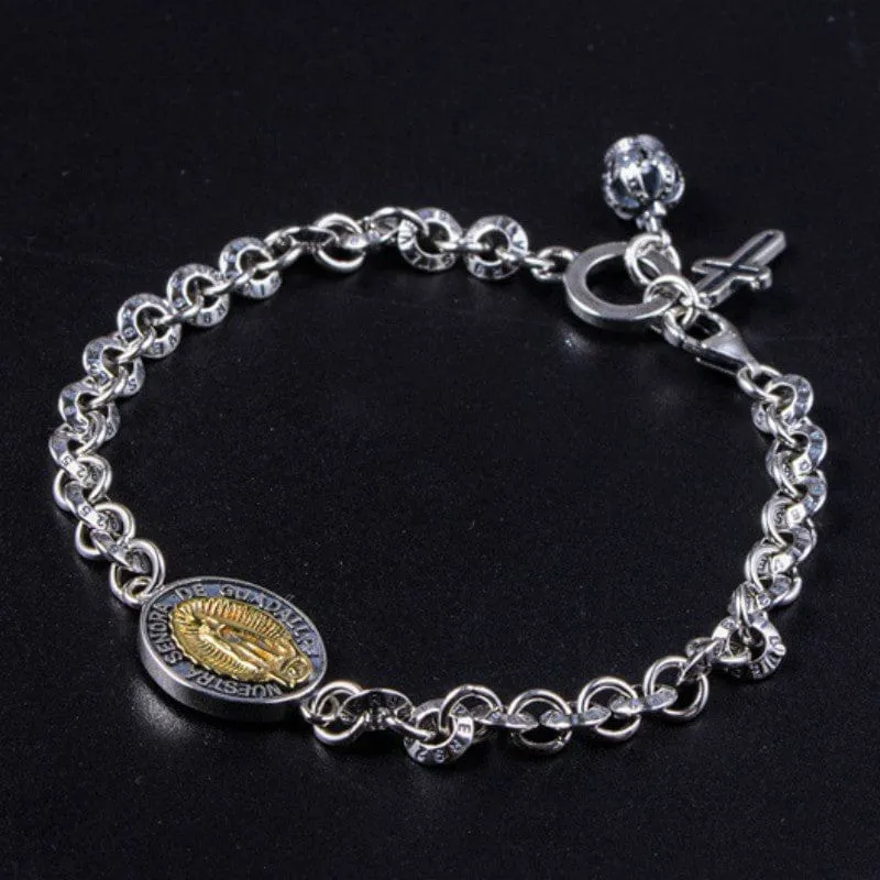 Sterling Silver Virgin Mary Chain Bracelet with Cross Charm