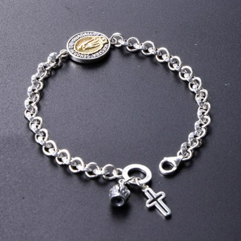 Sterling Silver Virgin Mary Chain Bracelet with Cross Charm