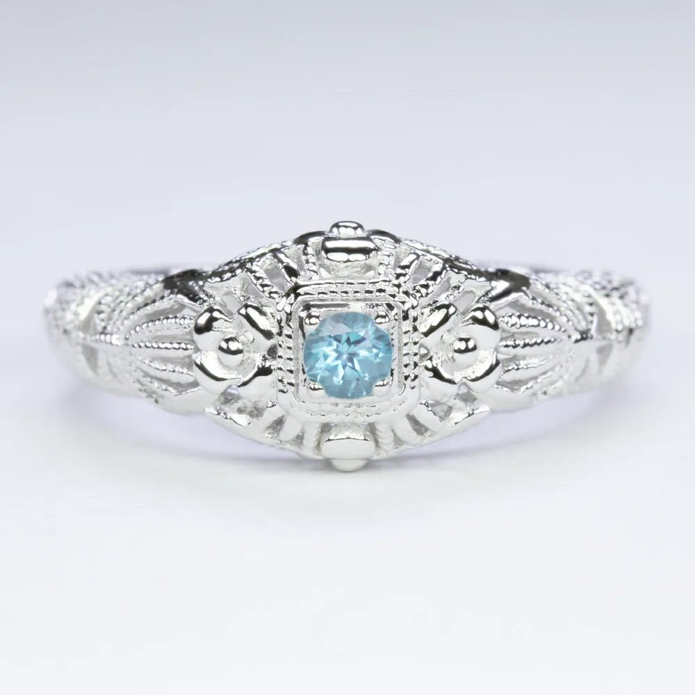 SWISS BLUE TOPAZ VINTAGE STYLE COCKTAIL RING STERLING SILVER FILIGREE DAINTY