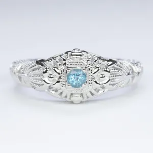 SWISS BLUE TOPAZ VINTAGE STYLE COCKTAIL RING STERLING SILVER FILIGREE DAINTY