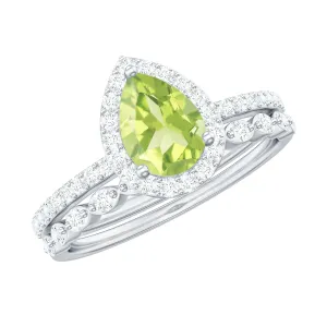 Teardrop Peridot Bridal Ring Set with Diamond