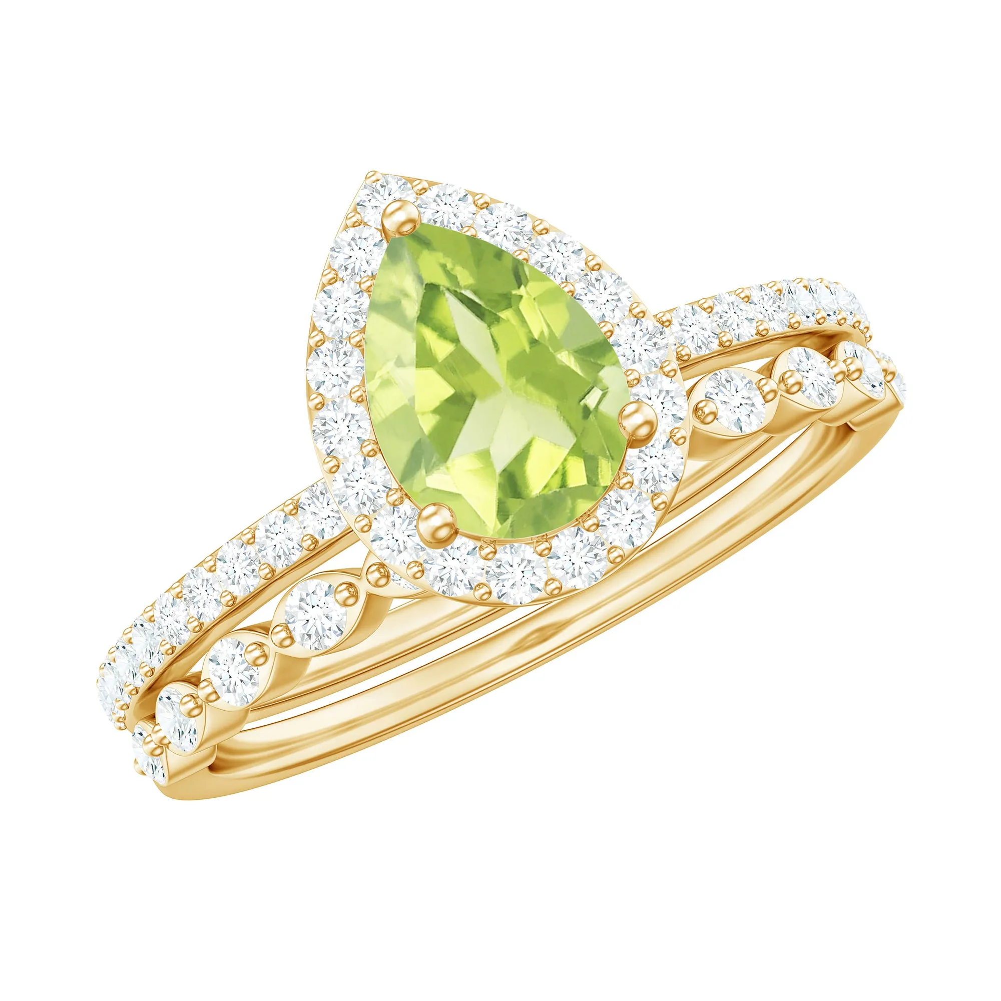 Teardrop Peridot Bridal Ring Set with Diamond