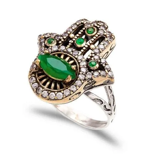 The Jewelled Hamsa Ring - Emerald - Sterling Silver