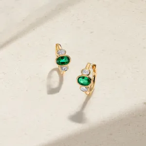 Three Stone Oval Emerald and Diamond Huggie Earrings