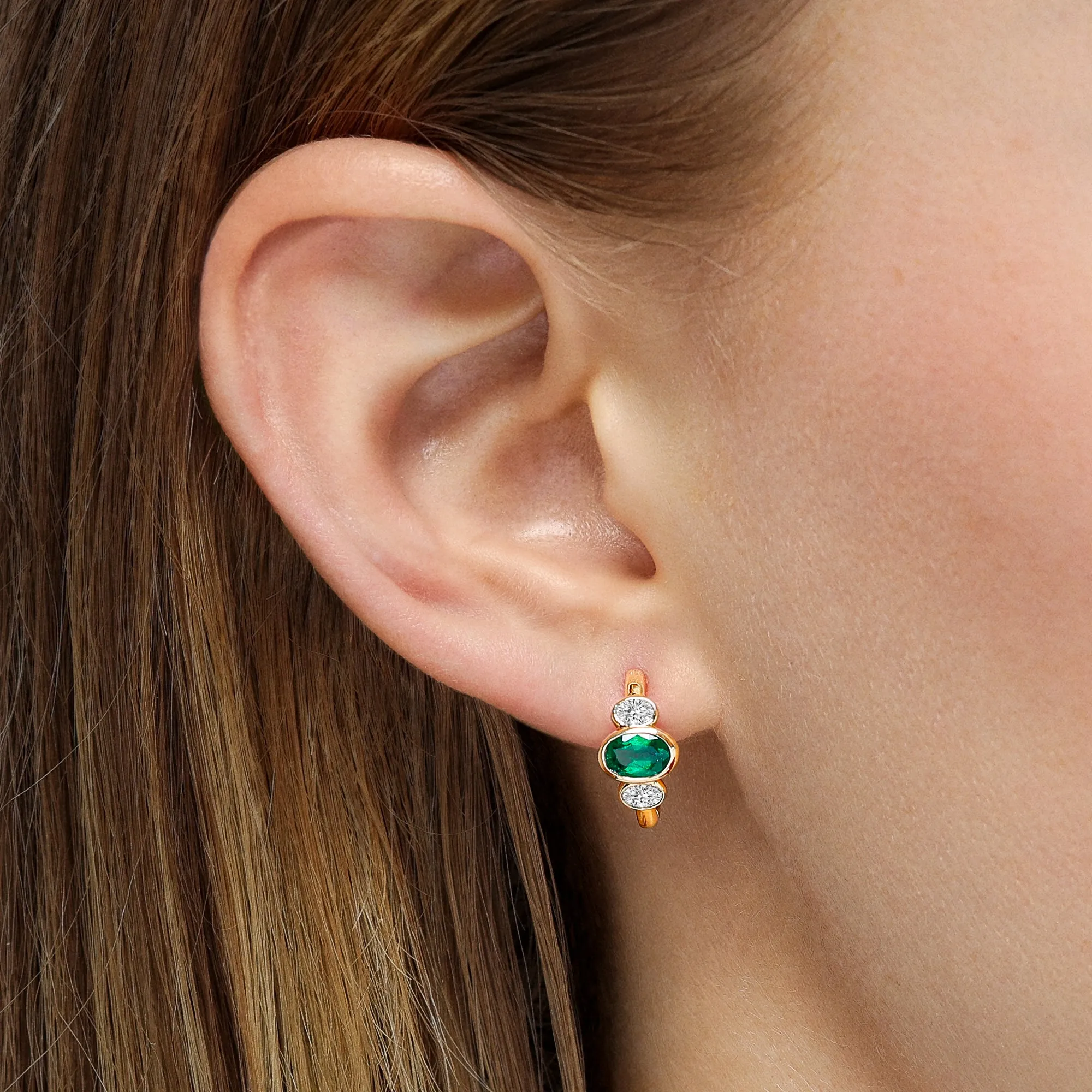 Three Stone Oval Emerald and Diamond Huggie Earrings