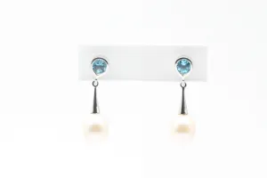 White Gold Pearl and Blue Topaz Drop Earrings